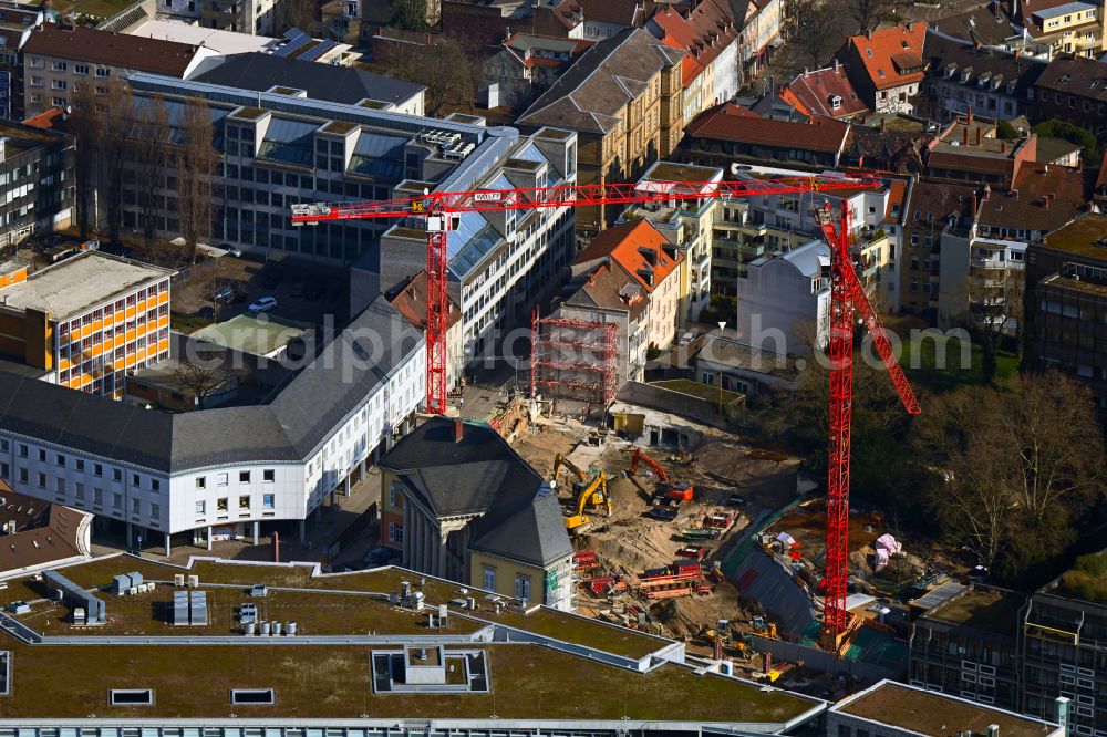 Aerial image Karlsruhe - Construction site for the redesign of the building complex and historical monument Margravial Palace on Karl-Friedrich-Strasse Rondellplatz - Markgrafenstrasse in Karlsruhe in the state Baden-Wuerttemberg, Germany