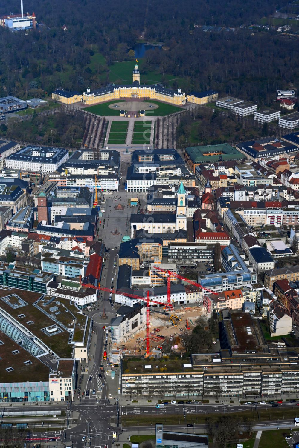 Aerial photograph Karlsruhe - Construction site for the redesign of the building complex and historical monument Margravial Palace on Karl-Friedrich-Strasse Rondellplatz - Markgrafenstrasse in Karlsruhe in the state Baden-Wuerttemberg, Germany