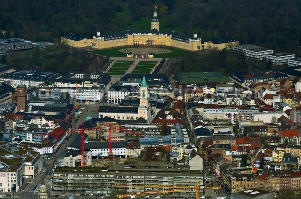 Karlsruhe from above - Construction site for the redesign of the building complex and historical monument Margravial Palace on Karl-Friedrich-Strasse Rondellplatz - Markgrafenstrasse in Karlsruhe in the state Baden-Wuerttemberg, Germany