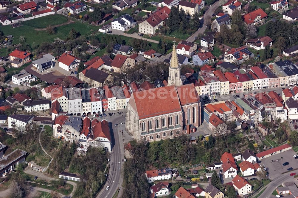 Neuötting from above - Church building in Neuoetting Old Town- center of downtown in Neuoetting in the state Bavaria