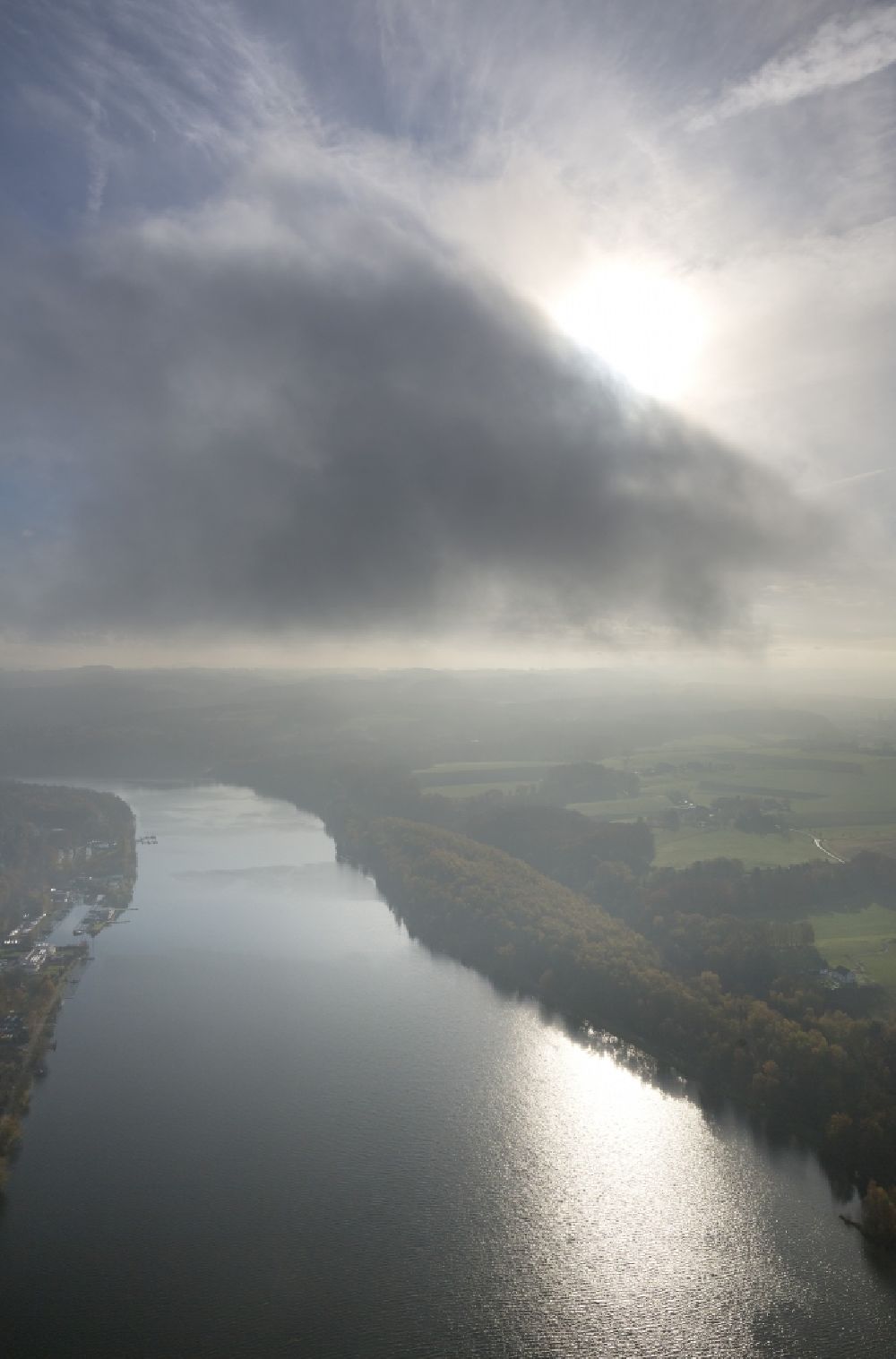 Aerial image Essen - A thick layer of autumn weather clouds covers the lake Baldeneysee between the Essen districts Kupferdreh and the Ruhr peninsular Heisingen in the state North Rhine-Westphalia