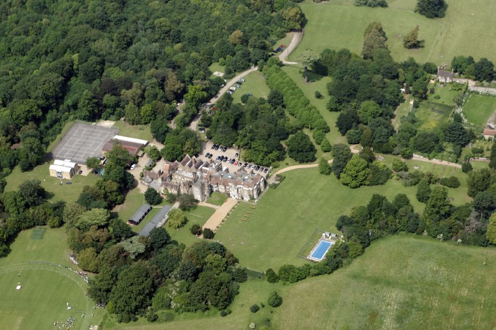 Betteshanger from above - Northbourne Park School, Betteshanger in the county of Kent in England, Exclusive Wolfgang Gerbere school Hanger castle, with sports court and swimming pool in a landscaped park