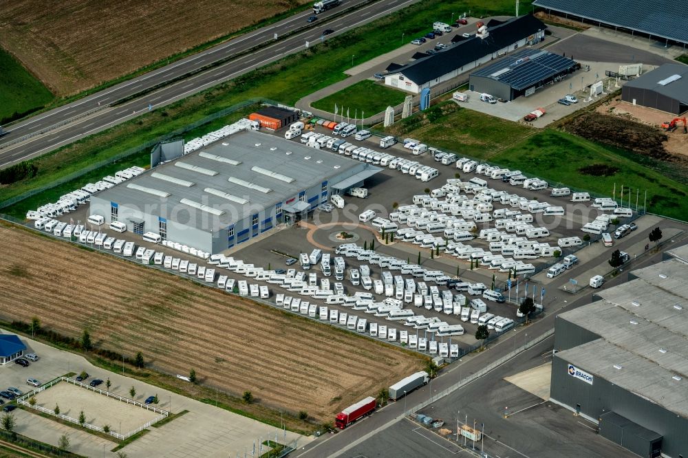 Ettenheim from above - Commercial Vehicle and Special Vehicle trade of Ernst- Caravan- u. Freizeit-Center GmbH on Rudolf-Hell-Strasse in Ettenheim in the state Baden-Wurttemberg, Germany