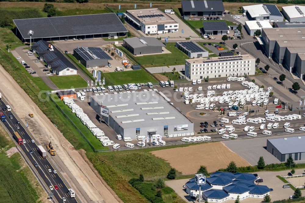 Ettenheim from the bird's eye view: Commercial Vehicle and Special Vehicle trade of Ernst- Caravan- u. Freizeit-Center GmbH on Rudolf-Hell-Strasse in Ettenheim in the state Baden-Wurttemberg, Germany