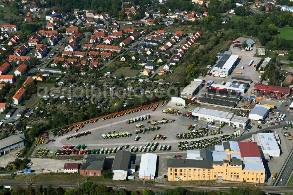 Landsberg from the bird's eye view: Commercial Vehicle and Special Vehicle trade of FIRST CLAAS USED Center Landsberg on Koethener Strasse in the district Guetz in Landsberg in the state Saxony-Anhalt, Germany