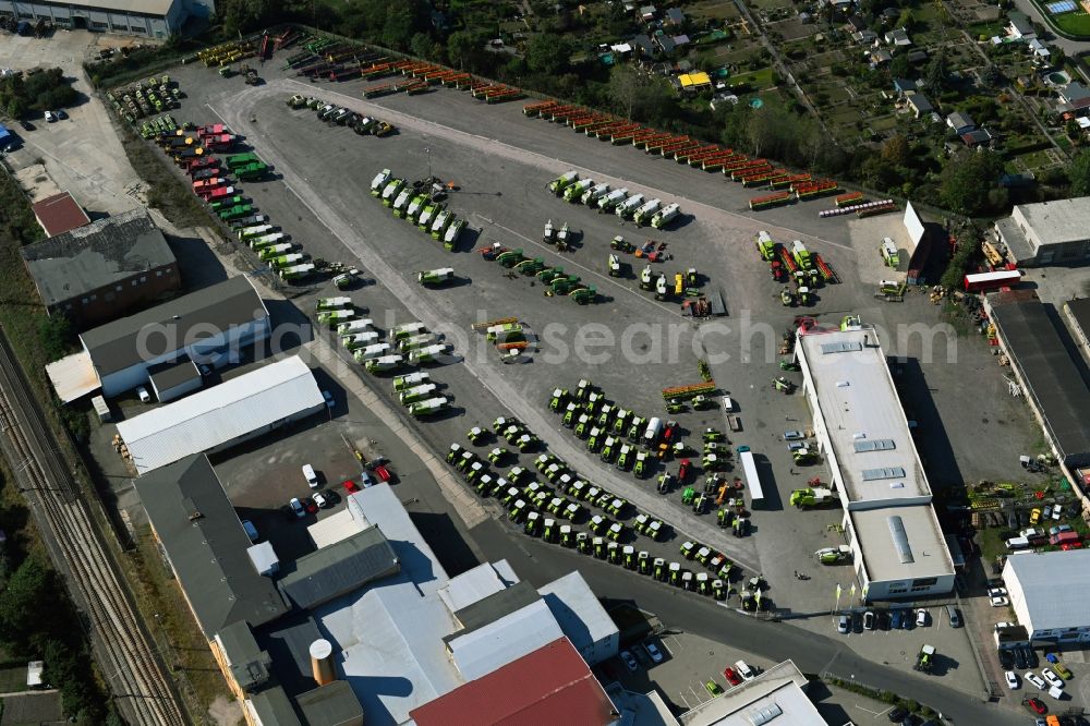 Aerial image Landsberg - Commercial Vehicle and Special Vehicle trade of FIRST CLAAS USED Center Landsberg on Koethener Strasse in the district Guetz in Landsberg in the state Saxony-Anhalt, Germany