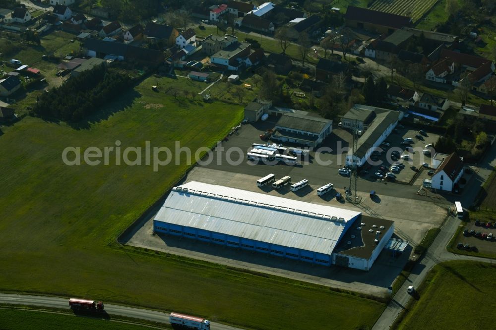 Zörbig from above - Commercial Vehicle and Special Vehicle trade of ONC Omnibus- and Nutzfahrzeug Centrum Salzfurtkapelle GmbH and of Touristik Reiseverkehrs GmbH on Hinsdorfer Weg in the district Salzfurtkapelle in Zoerbig in the state Saxony-Anhalt, Germany
