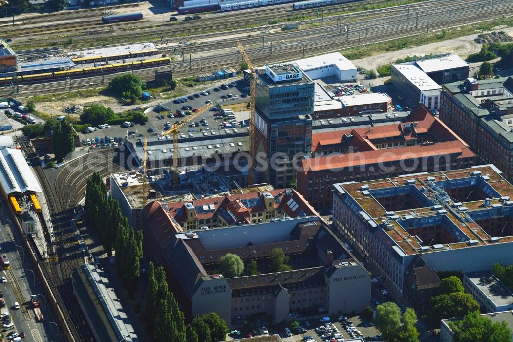 Berlin from above - View at the restored building of the monument protected former Osram respectively Narva company premises Oberbaum City in the district Friedrichshain in Berlin