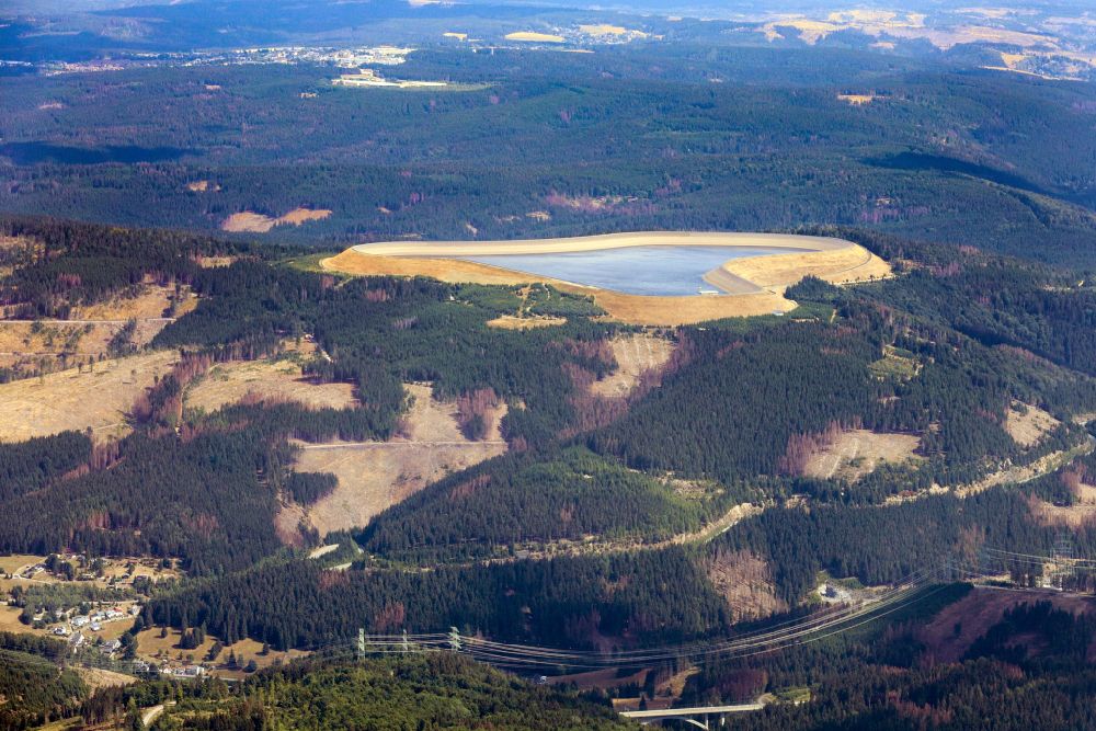 Goldisthal from above - Dam of the reservoir at pumped storage plant in Goldisthal in Thuringia