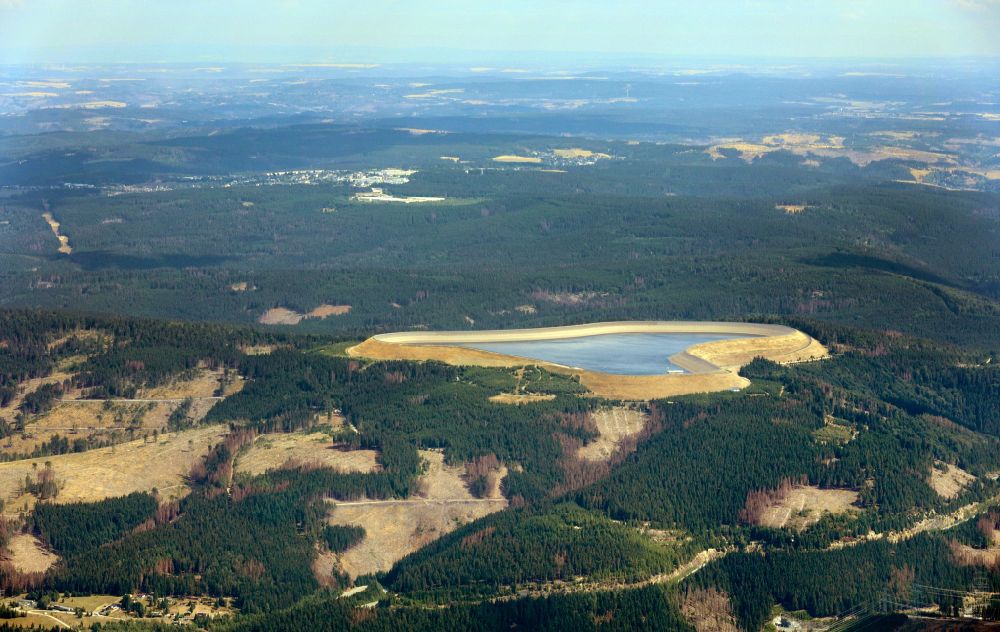 Goldisthal from the bird's eye view: Dam of the reservoir at pumped storage plant in Goldisthal in Thuringia