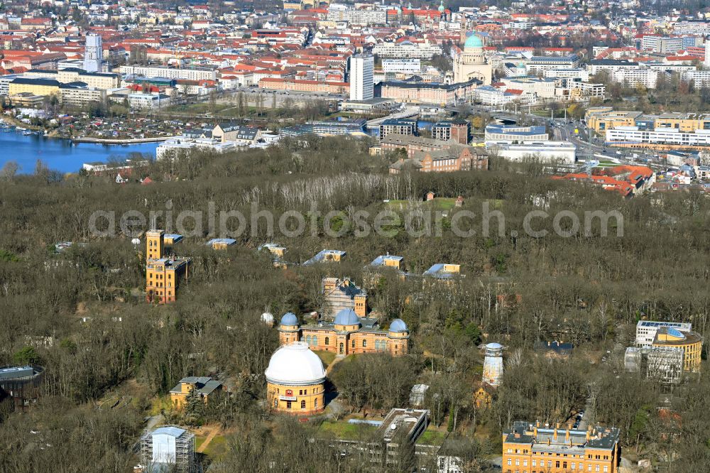Potsdam from the bird's eye view: Observatory and Planetariumskuppel- constructional building complex of the Institute of Potsdam-Institut fuer Klimafolgenforschung on Telegrafenberg in the district Potsdam Sued in Potsdam in the state Brandenburg