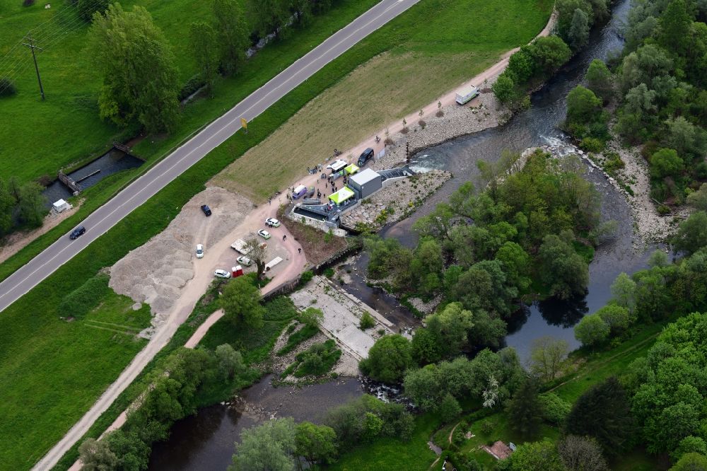 Maulburg from the bird's eye view: Open house presentation of the hydroelectric power plant at the river Wiese in Maulburg in the state Baden-Wurttemberg, Germany