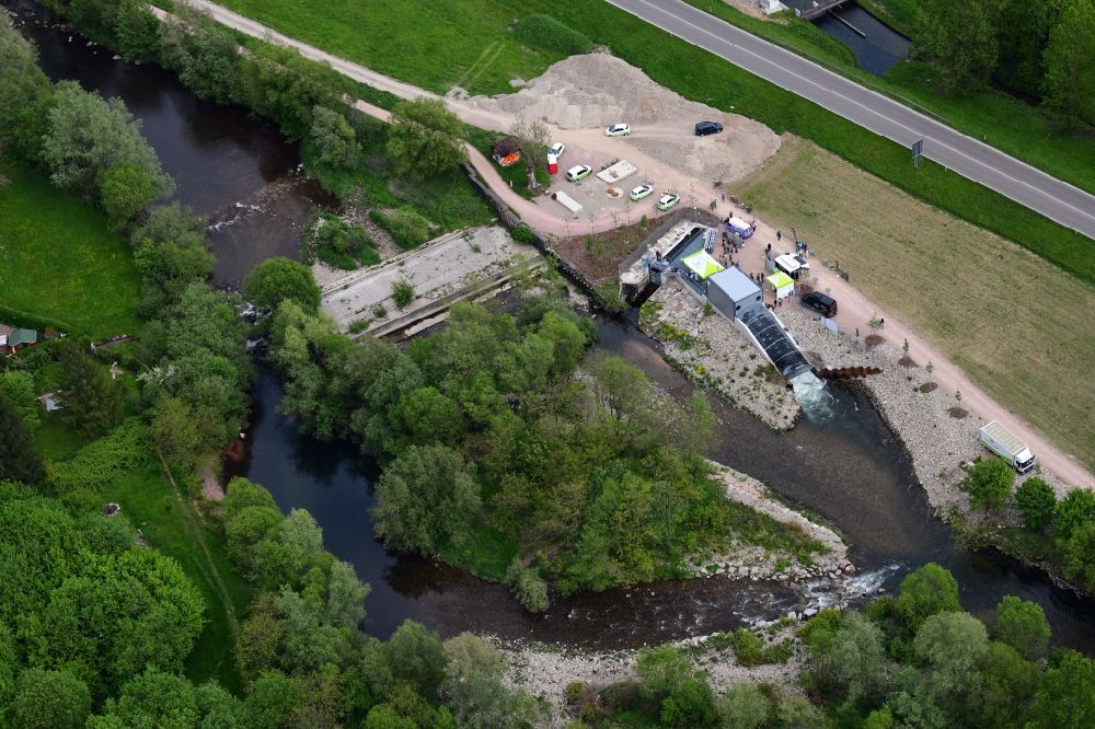 Maulburg from the bird's eye view: Open house presentation of the hydroelectric power plant at the river Wiese in Maulburg in the state Baden-Wurttemberg, Germany