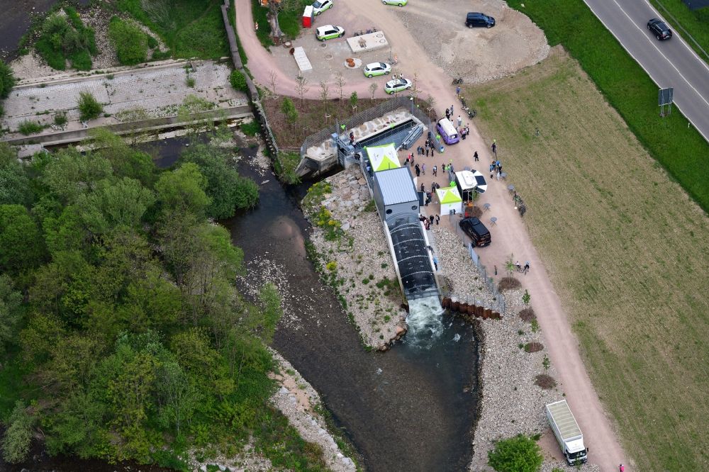 Aerial image Maulburg - Open house presentation of the hydroelectric power plant at the river Wiese in Maulburg in the state Baden-Wurttemberg, Germany