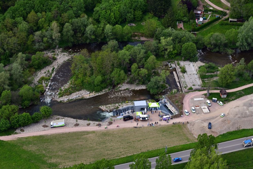 Maulburg from above - Open house presentation of the hydroelectric power plant at the river Wiese in Maulburg in the state Baden-Wurttemberg, Germany