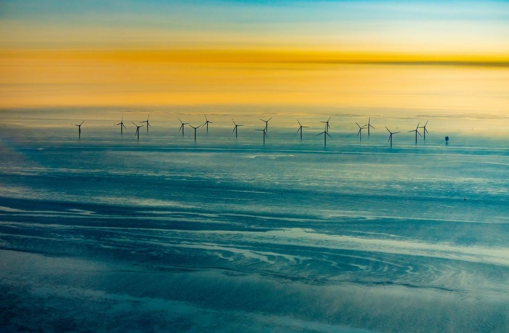 Wangerooge from above - Wind turbines of the offshore wind farm Nordergruende on the water surface of North Sea in Wangerooge in the state Lower Saxony, Germany