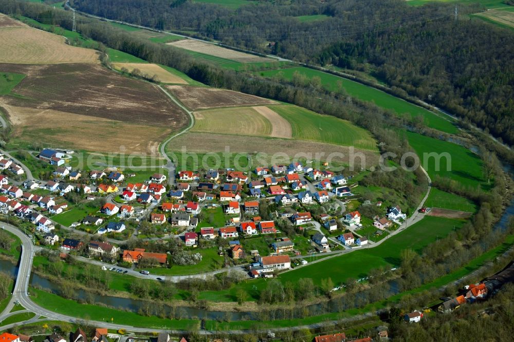 Ohrnberg from above - Village view of Ohrnberg at the mouth of the river Ohrn in the Kocher in the state Baden-Wurttemberg, Germany