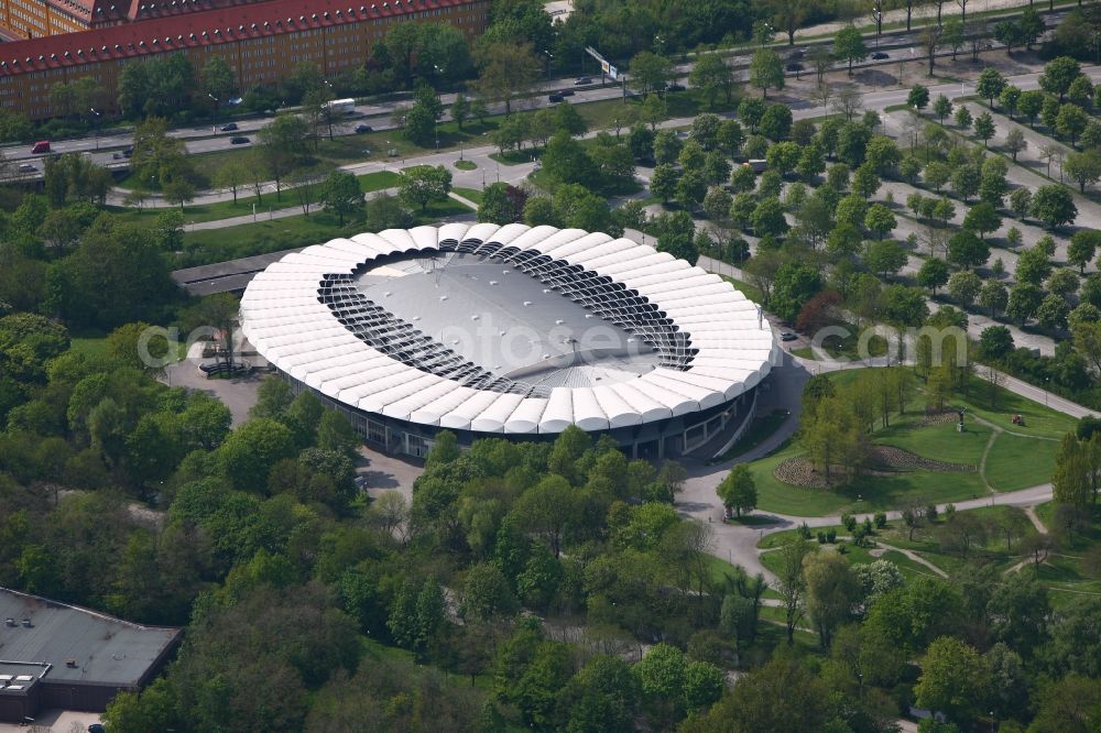 Aerial image München - The cycling stadium is part of the Olympic Park in Munich in Bavaria. The stadium was built for cycling by architect Herbert Schuermann. Later it was converted to the Adventure World Olympic Spirit. Today, the stadium is marketed as an events arena for events of all kinds