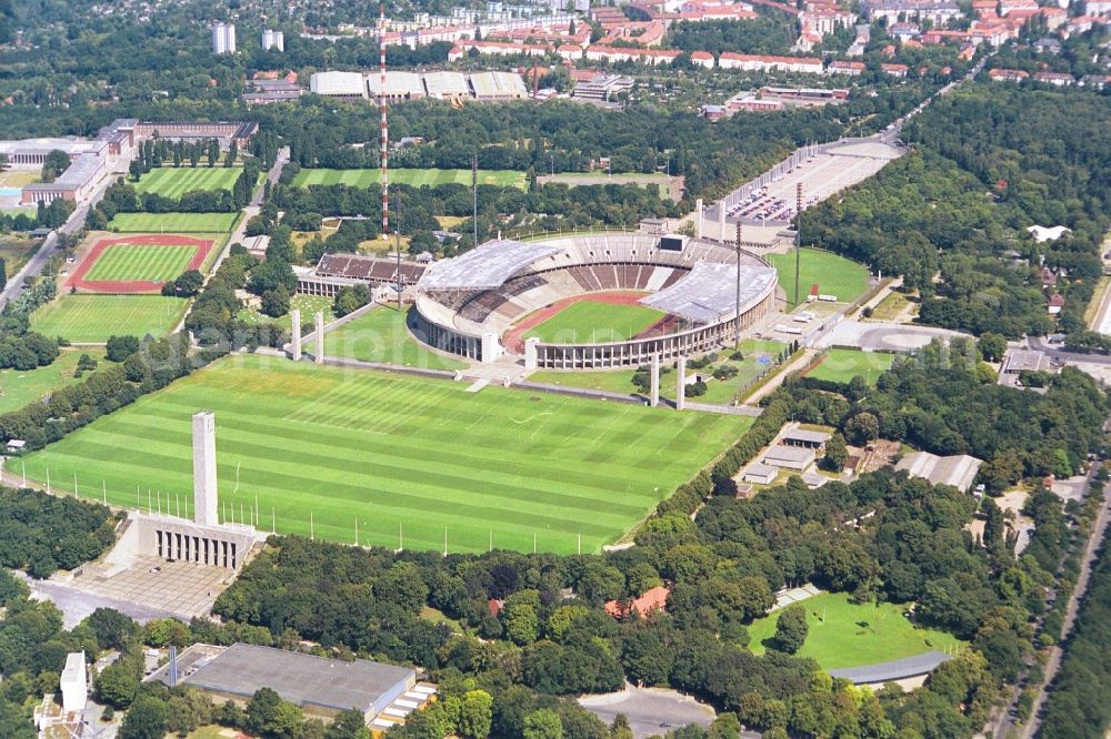 Aerial image Berlin - The Olympic Park Berlin in Berlin-Charlottenburg consists of a number of listed sports and leisure facilities, as well as other structures. These include the Olympic Stadium, the Swimming Stadium, the May Field, the Langemarckhalle, the bell tower, the Olypische place, the frieze tower, the tower of Saxony, the Frankenturm and the Swabian tower