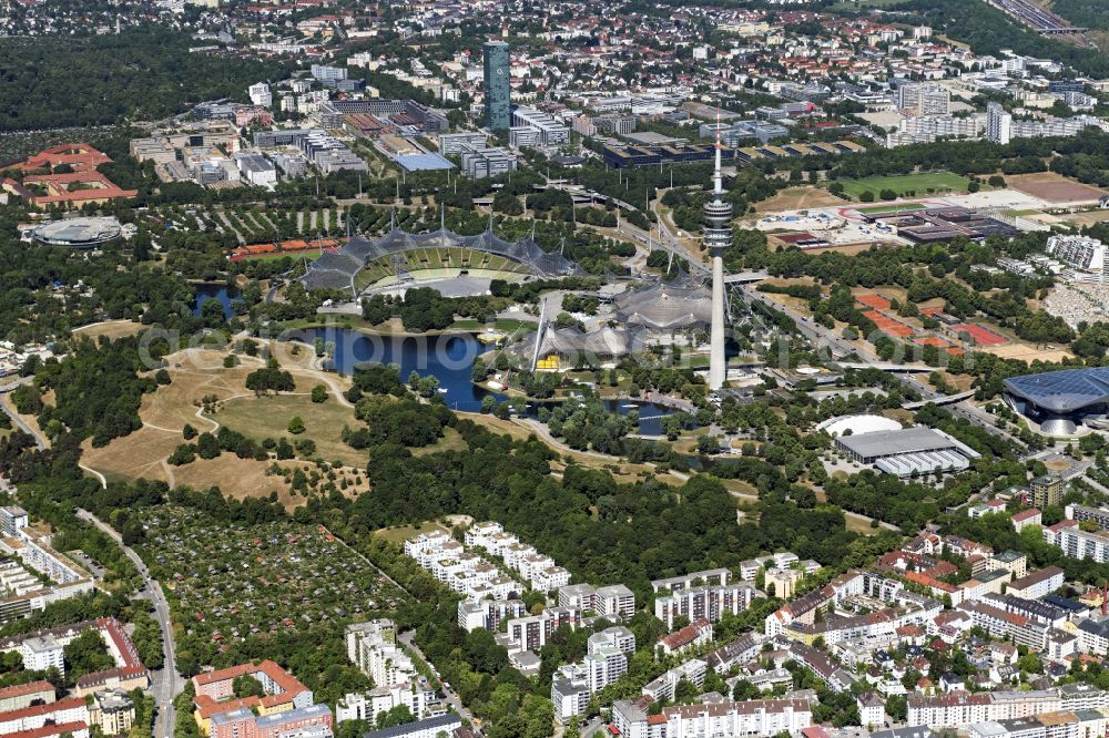 München from the bird's eye view: The grounds of the Olympic Park with lake, stadium and television tower in the district of Milbertshofen-Am Hart in Munich in the state Bavaria, Germany
