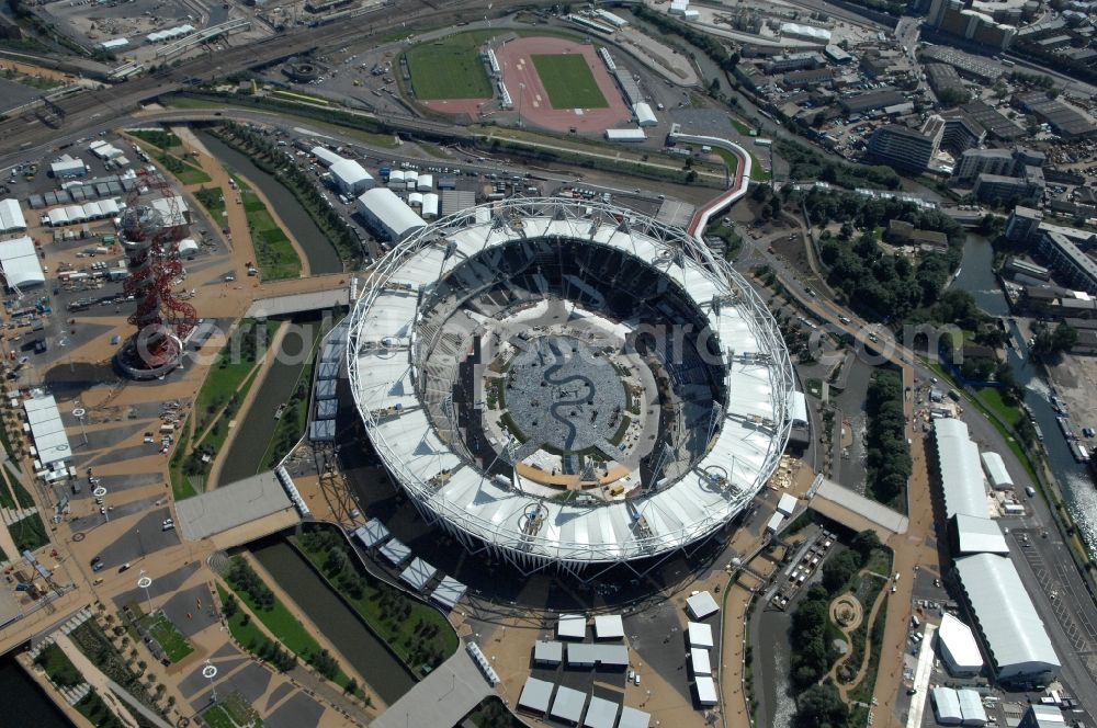 Aerial photograph London - The Olympic Stadium in Olympic Park, London, England, is designed to be the centrepiece of the 2012 Summer Olympics and 2012 Summer Paralympics, and the venue of the athletic events as well as the Olympic Games opening and closing ceremonies in Great Britain
