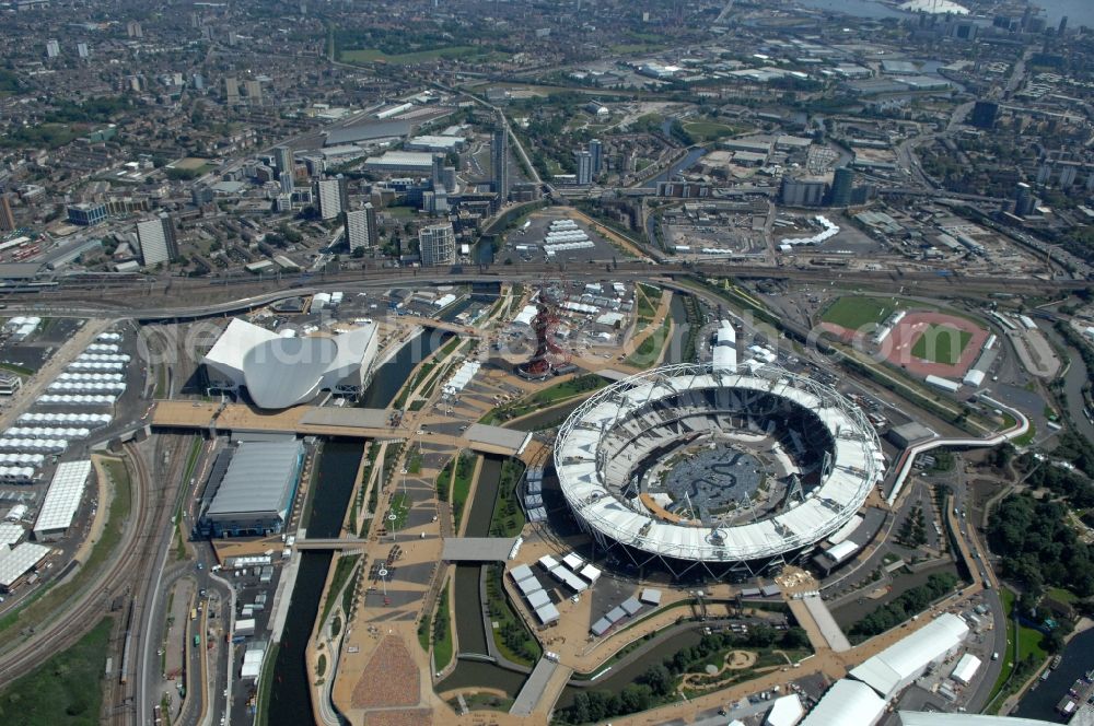 London from the bird's eye view: The Olympic Stadium in Olympic Park, London, England, is designed to be the centrepiece of the 2012 Summer Olympics and 2012 Summer Paralympics, and the venue of the athletic events as well as the Olympic Games opening and closing ceremonies in Great Britain