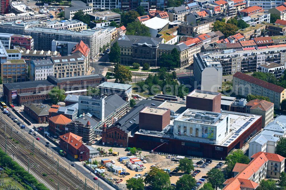 Aerial photograph Dresden - Opera house and playhouse Staatsoperette Dresden on Ehrlichstrasse - Wettiner Platz in the district Wilsdruffer Vorstadt in Dresden in the state Saxony, Germany