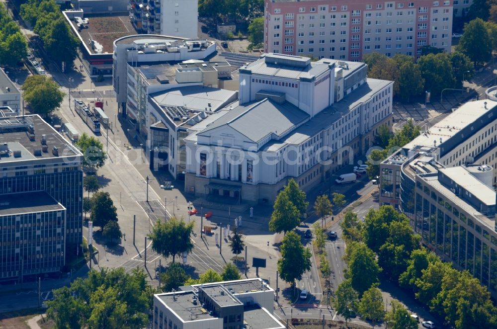 Magdeburg from above - Opera house of the theater Magdeburg, Districtlibrary Sudenburg and Citylibrary Magdeburg at Erzberger street in the district Altstadt in Magdeburg in the state Saxony-Anhalt