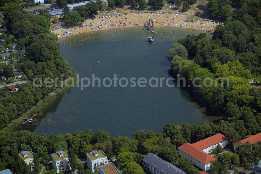 Berlin from above - Lake Orankesee and bath in the Alt-Hohenschoenhausen part of the district of Lichtenberg in Berlin in Germany. The lake is used for swimming and recreational activities