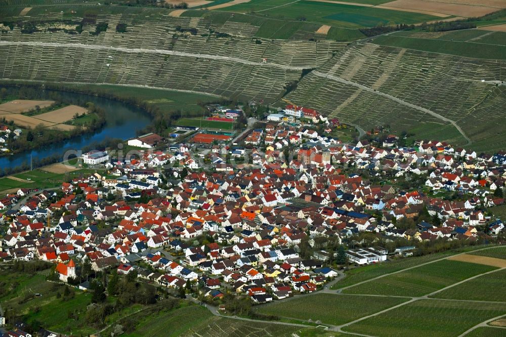 Aerial image Mundelsheim - View of the town of Mundelsheim on a river loop of the Neckar between vineyards and fruit growing slopes in the state Baden-Wurttemberg, Germany