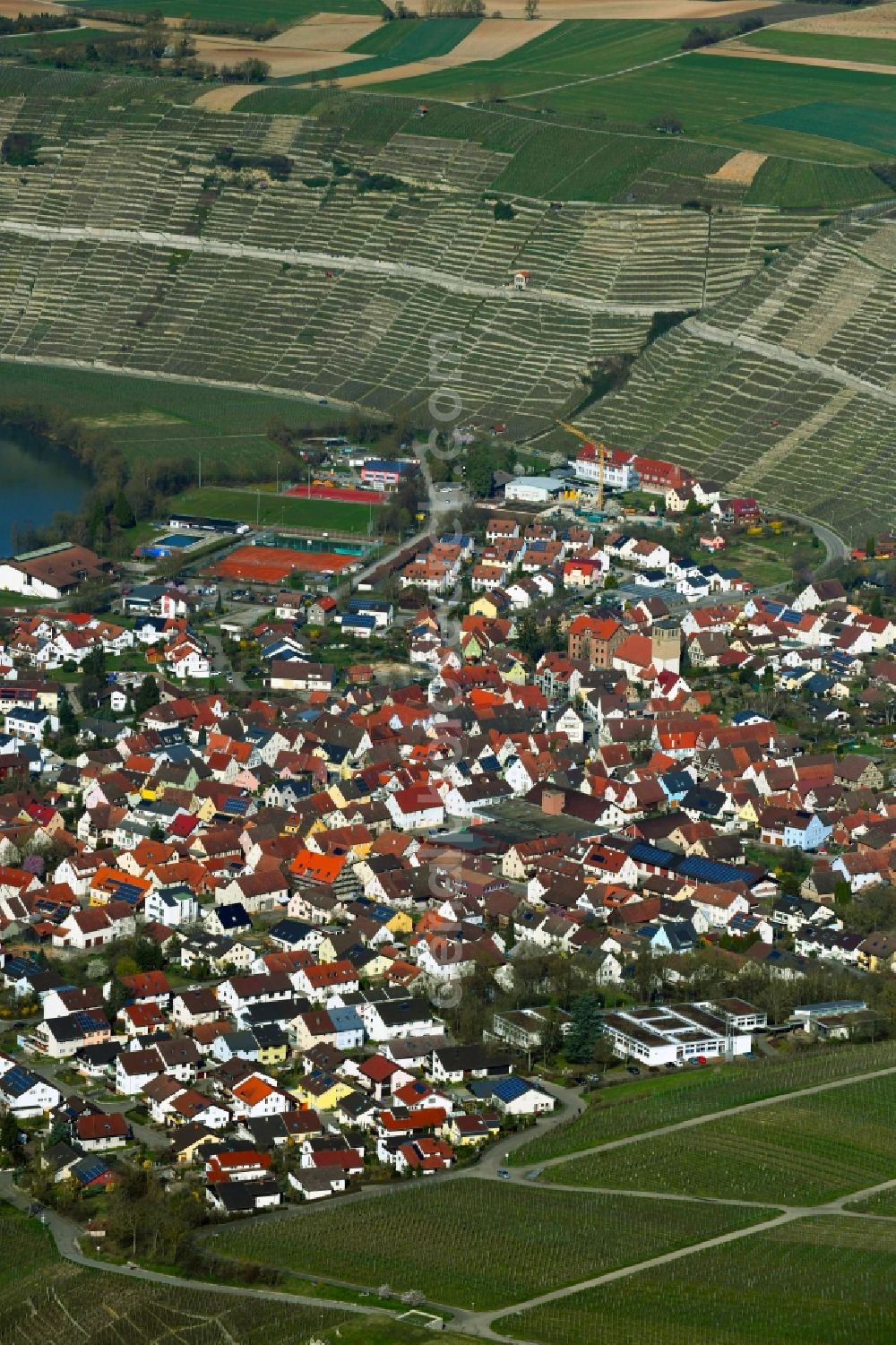 Aerial photograph Mundelsheim - View of the town of Mundelsheim on a river loop of the Neckar between vineyards and fruit growing slopes in the state Baden-Wurttemberg, Germany