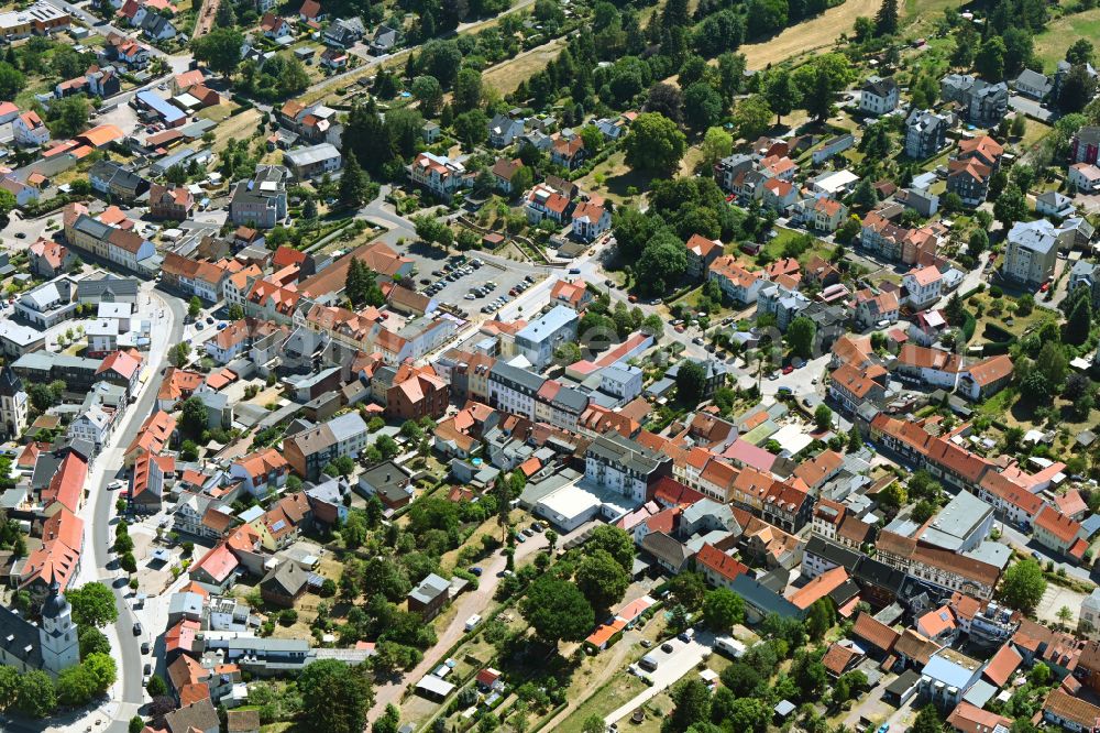 Aerial photograph Friedrichroda - Partial view of the houses along the main street in Friedrichroda at Thueringer Wald in the state Thuringia, Germany