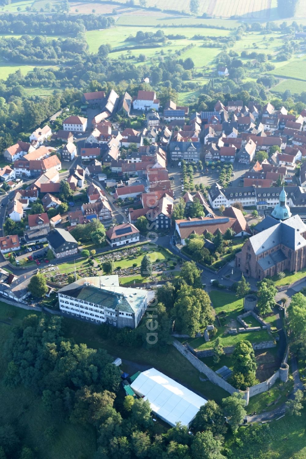 Aerial image Amöneburg - Town View of the streets and houses of the residential areas in Amoeneburg in the state Hesse, Germany