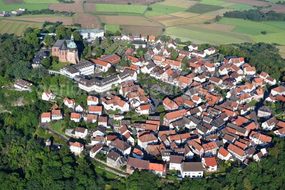 Aerial image Amöneburg - Town View of the streets and houses of the residential areas in Amoeneburg in the state Hesse, Germany