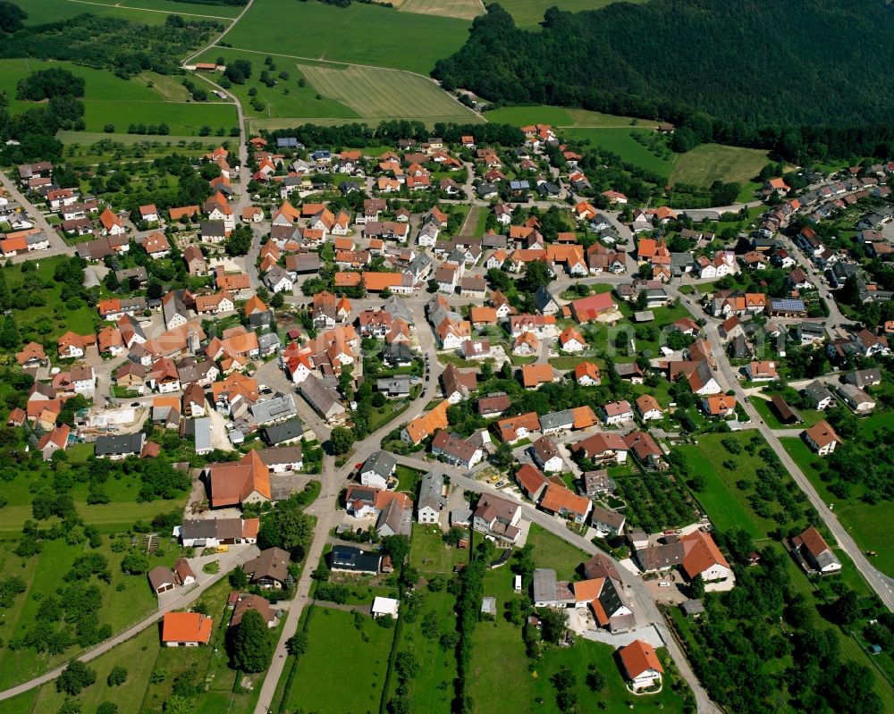 Aufhausen from above - Town View of the streets and houses of the residential areas in Aufhausen in the state Baden-Wuerttemberg, Germany