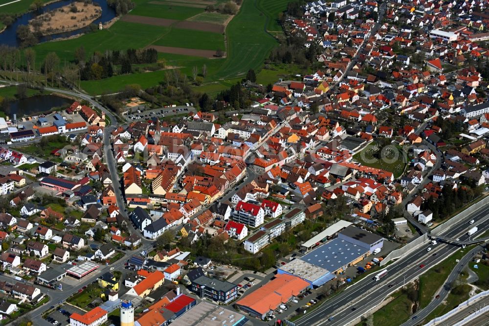 Baiersdorf from above - Town view of the streets and houses of the residential areas along the course of the motorway BAB A73 in Baiersdorf in the state Bavaria, Germany
