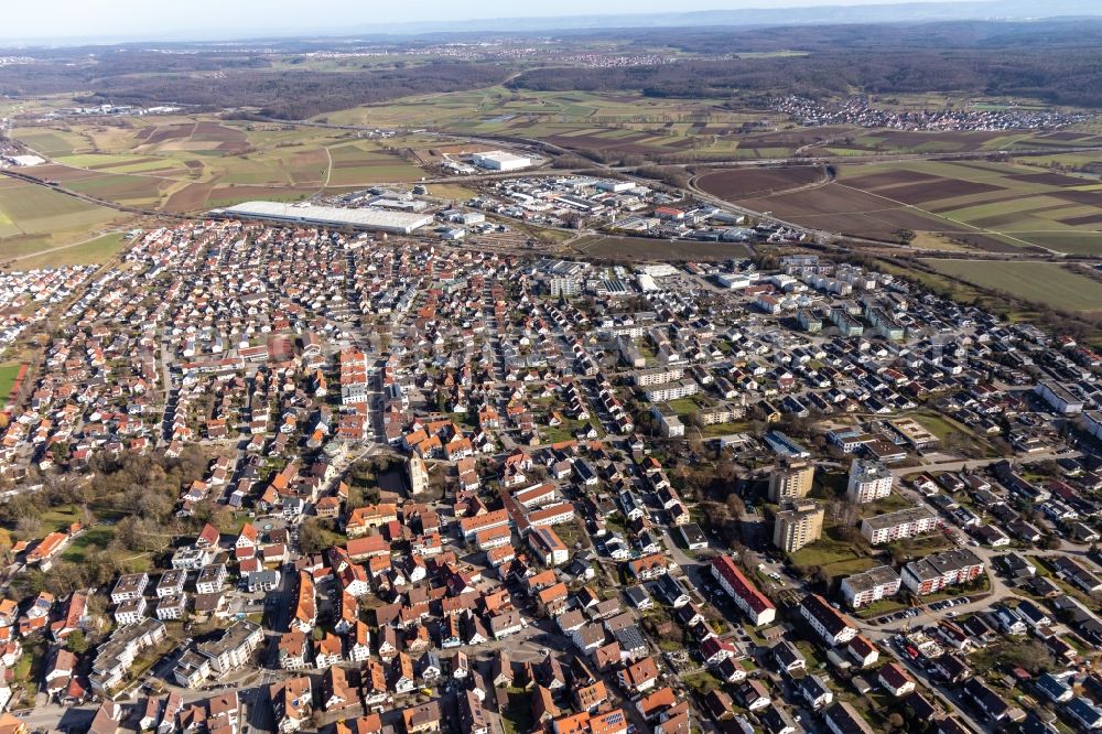 Aerial image Gärtringen - Town view of the streets and houses of the residential areas along the course of the motorway A81 in Gaertringen in the state Baden-Wuerttemberg, Germany