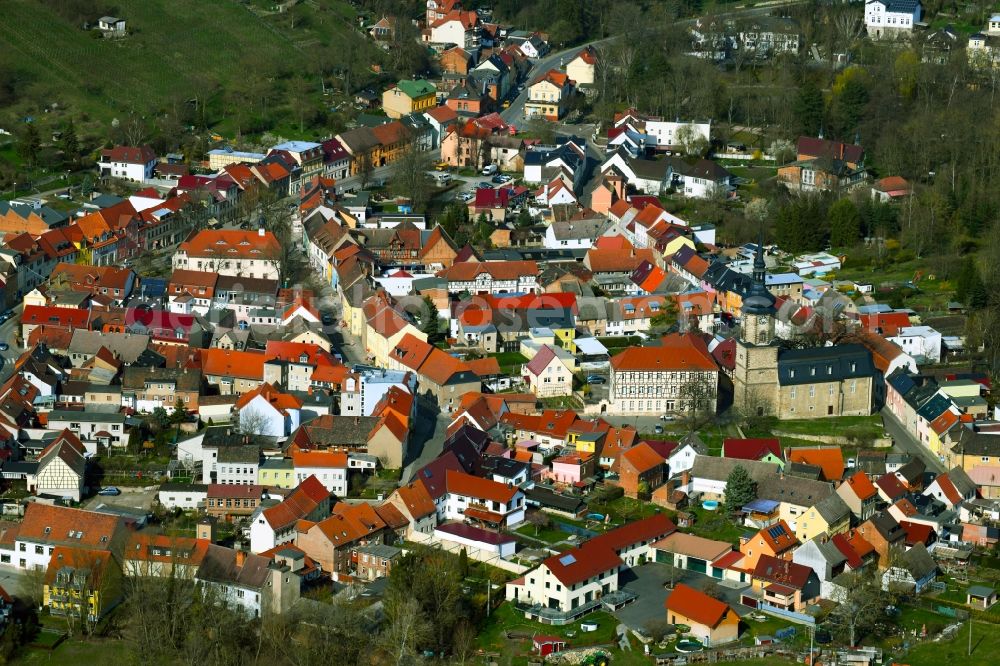 Bad Sulza from above - View of the streets and houses of the residential areas of the town of Bad Sulza in the state of Thuringia, Germany