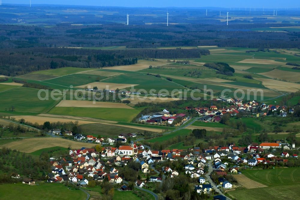 Ballenberg from the bird's eye view: Village view on the edge of agricultural fields and land in Ballenberg in the state Baden-Wurttemberg, Germany