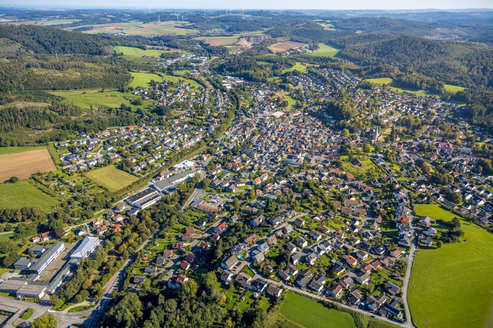 Aerial image Balve - Town View of the streets and houses of the residential areas in Balve in the state North Rhine-Westphalia, Germany