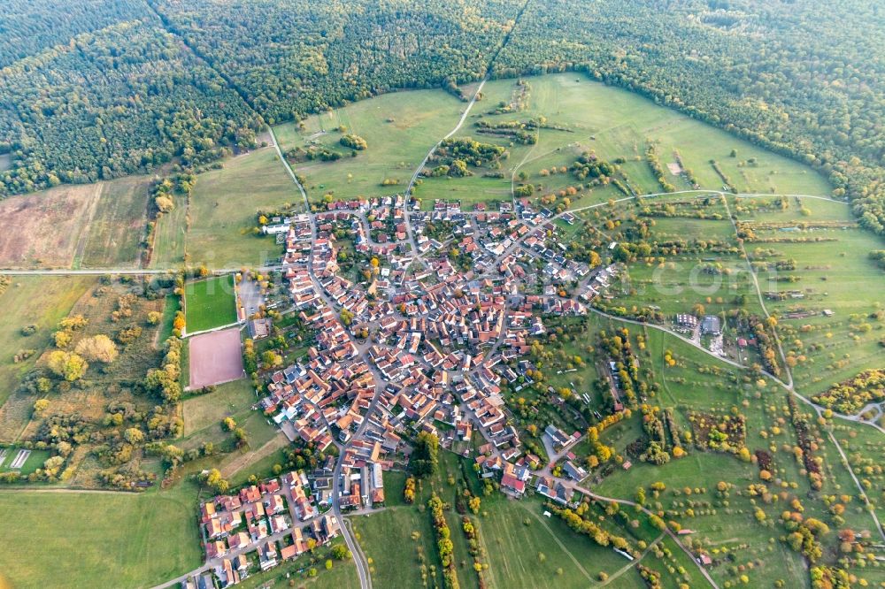 Aerial photograph Büchelberg - Town View of the streets and houses of the residential areas in Buechelberg in the state Rhineland-Palatinate, Germany