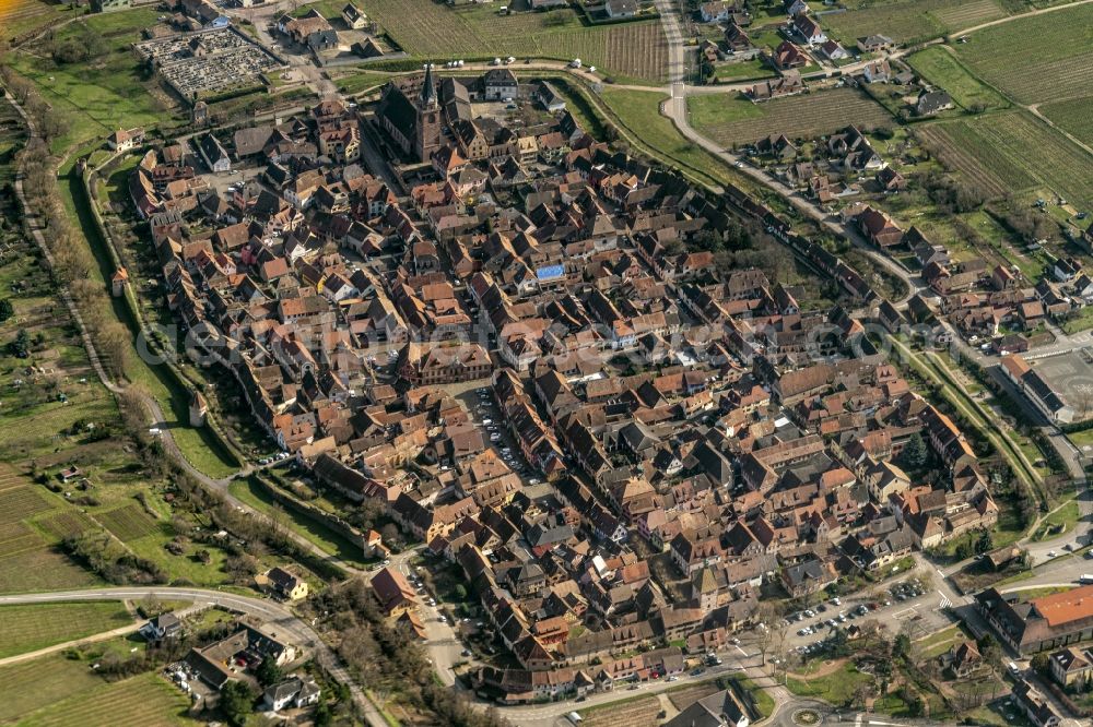 Bergheim from above - Town View of the streets and houses of the residential areas in Bergheim in Grand Est, France