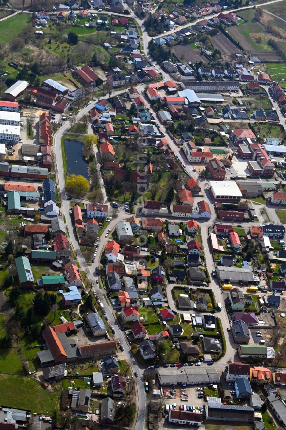 Aerial image Blumberg - Town View of the streets and houses of the residential areas in Blumberg in the state Brandenburg, Germany