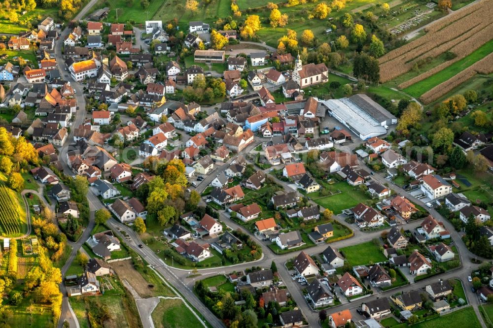 Aerial photograph Bombach - Town View of the streets and houses of the residential areas in Bombach in the state Baden-Wurttemberg, Germany