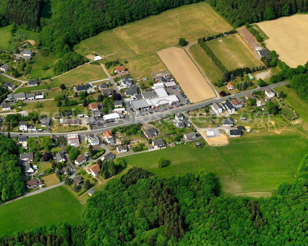 Bruchertseifen from above - View of Wildenburg in the state of Rhineland-Palatinate. It is surrounded by fields and wooded areas