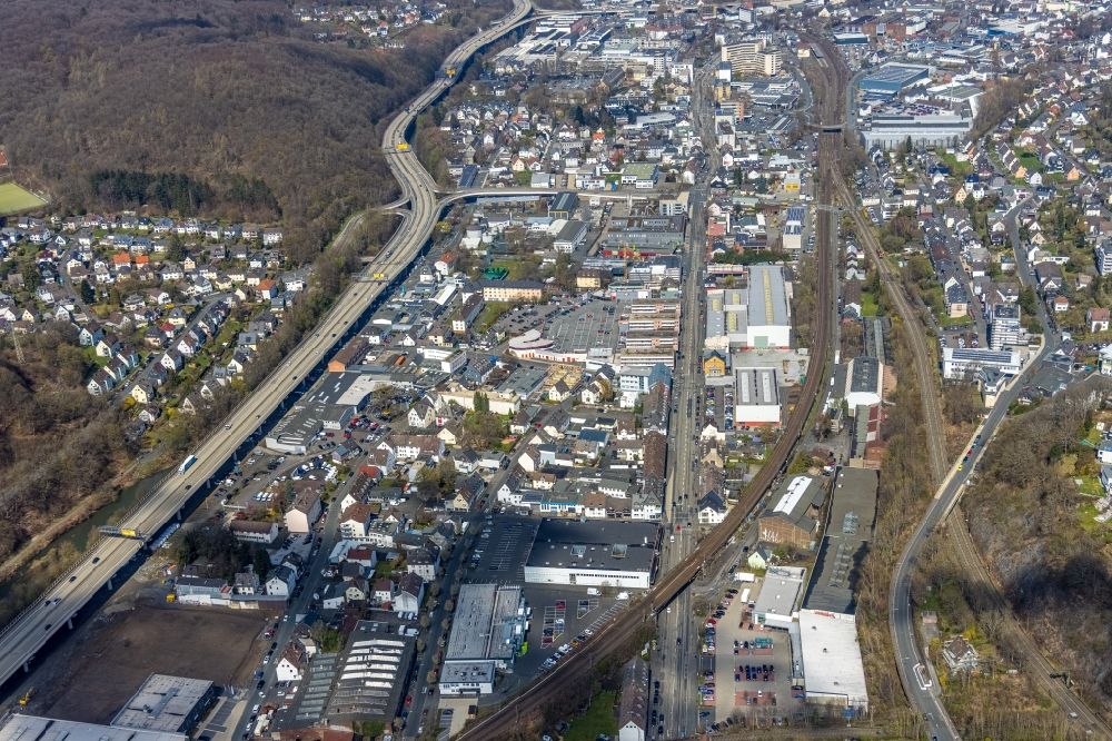 Aerial image Siegen - Town view of the streets and houses of the residential areas along the course of the federal road 54 in the district Weidenau in Siegen on Siegerland in the state North Rhine-Westphalia, Germany