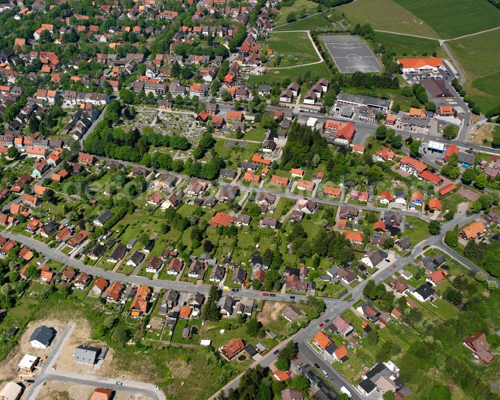 Clausthal-Zellerfeld from above - Town View of the streets and houses of the residential areas in Clausthal-Zellerfeld in the state Lower Saxony, Germany