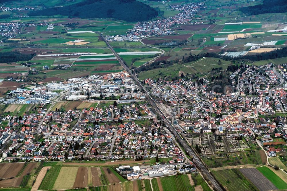 Aerial photograph Denzlingen - Town View of the streets and houses of the residential areas in Denzlingen in the state Baden-Wuerttemberg, Germany