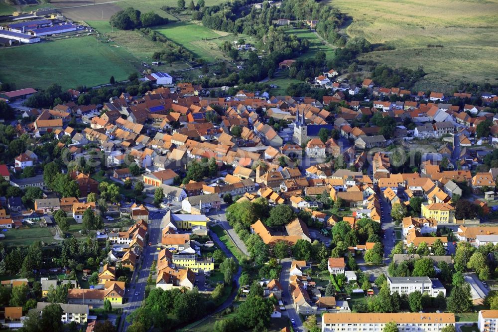 Derenburg from above - Town View of the streets and houses of the residential areas in Derenburg in the state Saxony-Anhalt, Germany