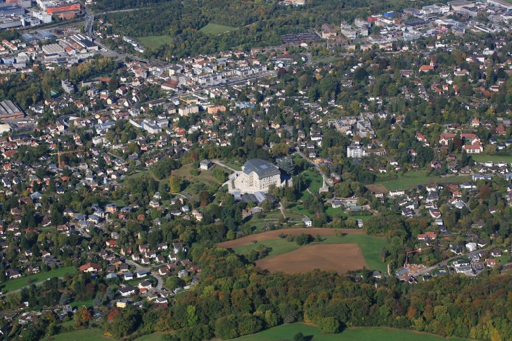 Dornach from above - Town view of the streets and houses and landmark Goetheanum in Dornach in the canton Solothurn, Switzerland